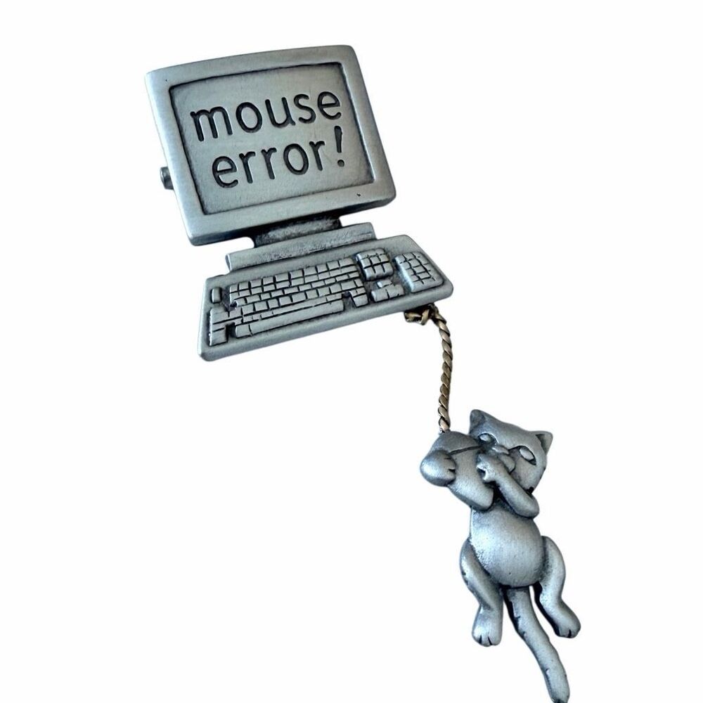 Vintage Signed JJ Mouse Error Computer Dangling Cat Pewter Brooch